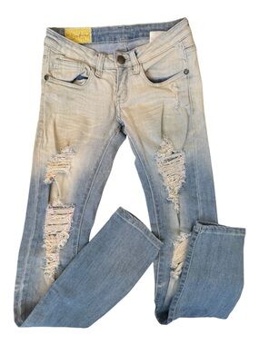 Distressed Low Rise Light Blue Ombre Skinny Jeans